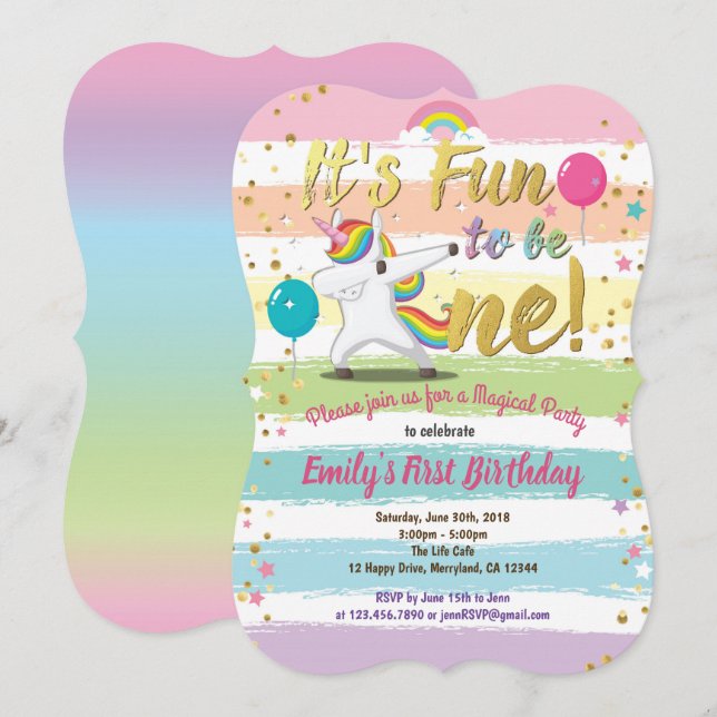 Rainbow-Dapping unicorn erstes Party Einladung (Vorne/Hinten)