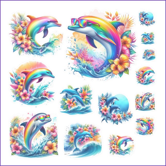 Rainbow-Delphin und Ocean-Retro-Aufkleber Aufkleber (Nostalgic rainbow dolphin vinyl kiss cut stickers are fun for back to school or any time of year!)