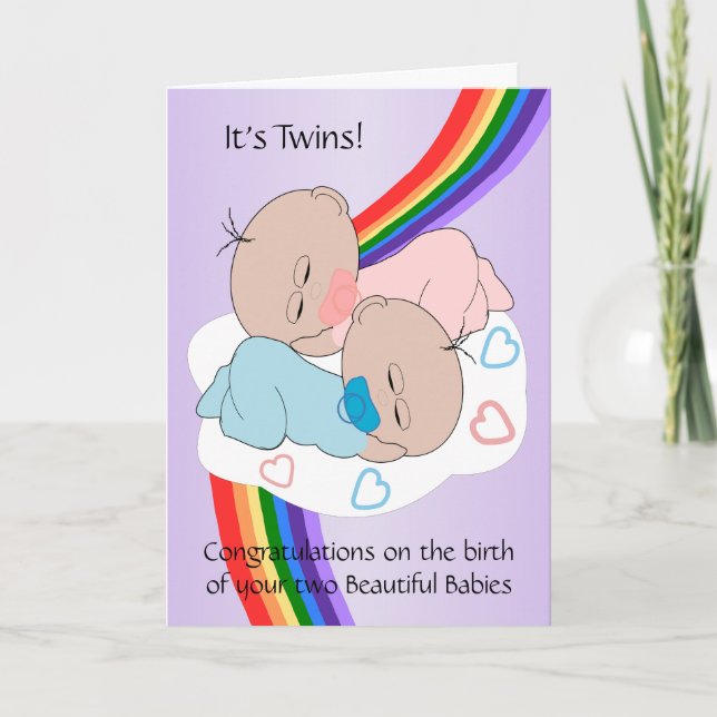 Rainbow Design New Geboren Baby Twins Karte (Vorderseite)