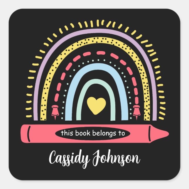 Rainbow Dieses Buch gehört Kindern Buchzeichen Quadratischer Aufkleber (Vorderseite)