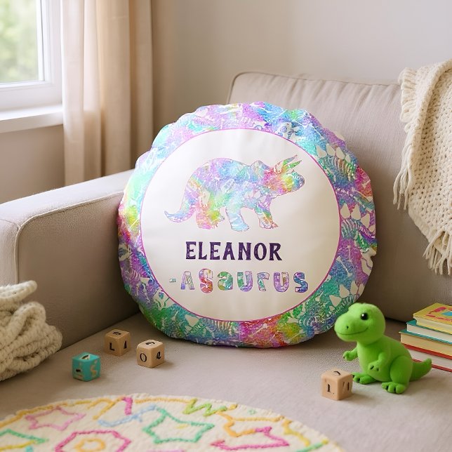 Rainbow Dinosaur Fossil Kids Rundes Kissen (Rainbow dinosaur pillow with your name perfect for dino lovers.)