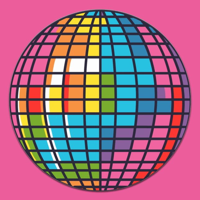 Rainbow Disco Mirror Ball Groovy Dance Party Funky Runder Aufkleber (Colorful rainbow disco mirror ball dance party sticker)