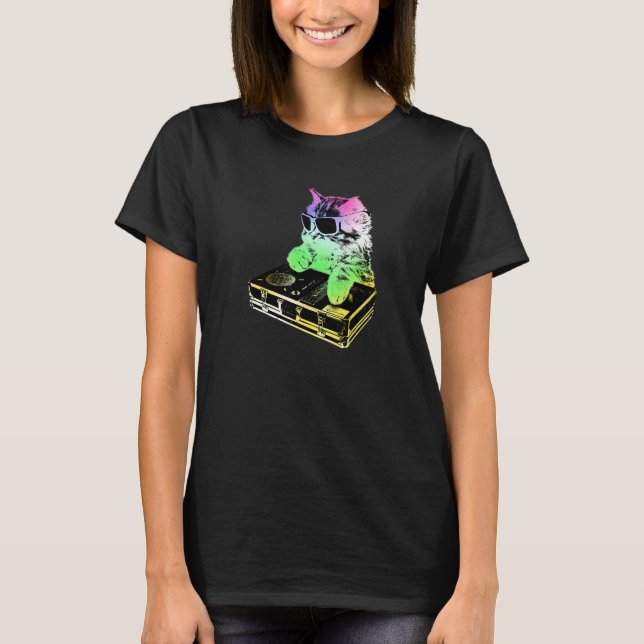 Rainbow Dj Cat Scratching T-Shirt (Vorderseite)