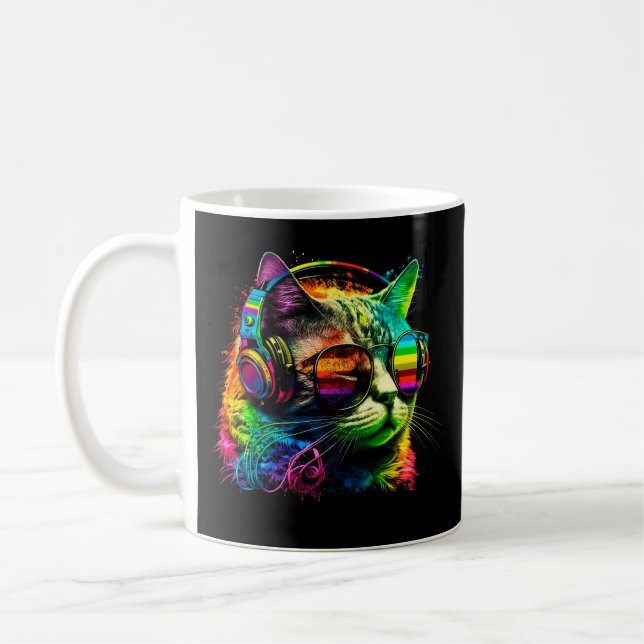 Rainbow DJ Cat with Sunglasses Kaffeetasse (Links)