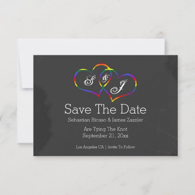 Rainbow Doodle Heart Chalkboard Gay Save the Date (Vorderseite)