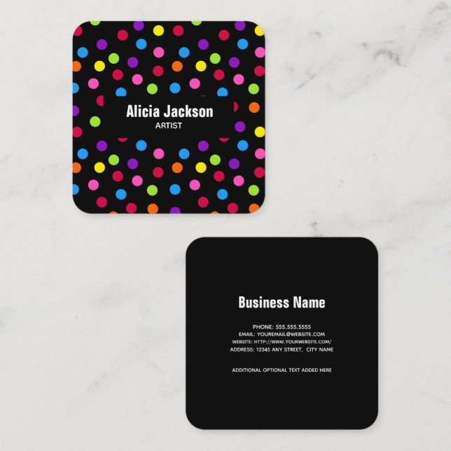 Rainbow Dots Bright Black Quadratische Visitenkarte (Vorne/Hinten)