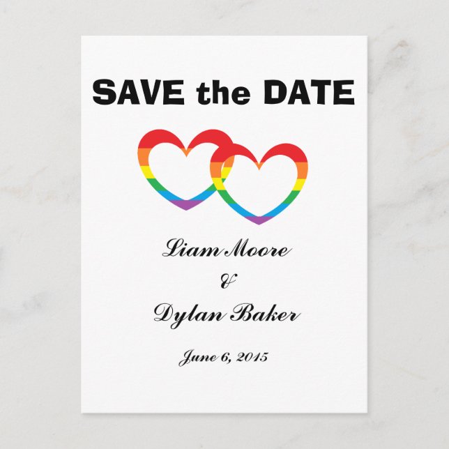 "Rainbow Double Hearts" Save the Date Postkarten (Vorderseite)
