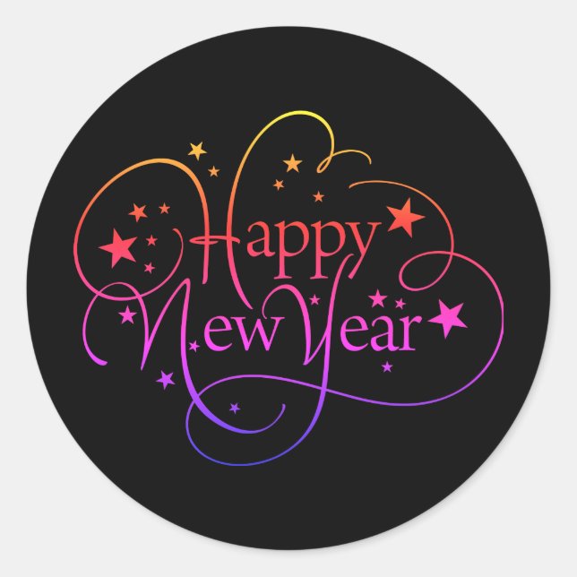 Rainbow Elegant Happy New Year Script Runder Aufkleber (Vorderseite)