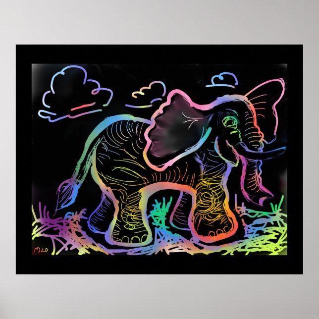 Rainbow Elephant Sketch Art Print Poster (Vorne)