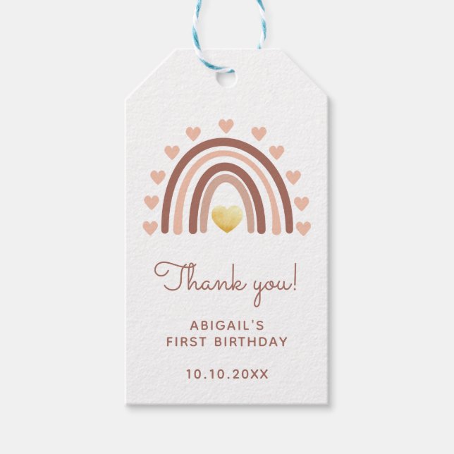 Rainbow Erster Geburtstag Danke, Blush Pink Geschenkanhänger (Vorderseite)