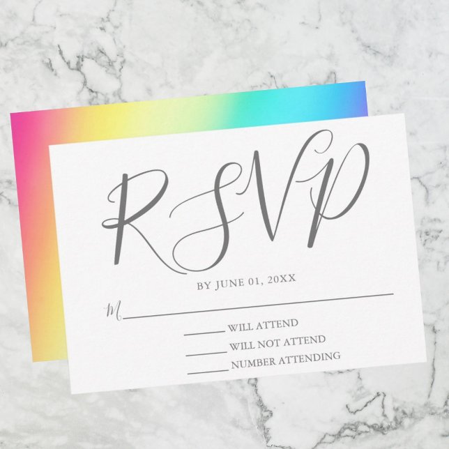 Rainbow Fade Simple Chic Typografy Gay Wedding RSVP Karte (Von Creator hochgeladen)