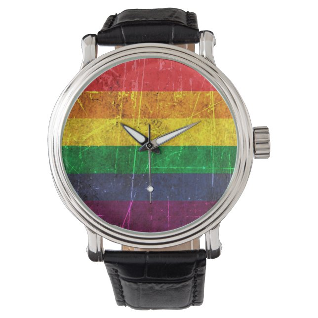 Rainbow-Fahne aus gekratztem und abgenutztem Vinta Armbanduhr (Vorderseite)