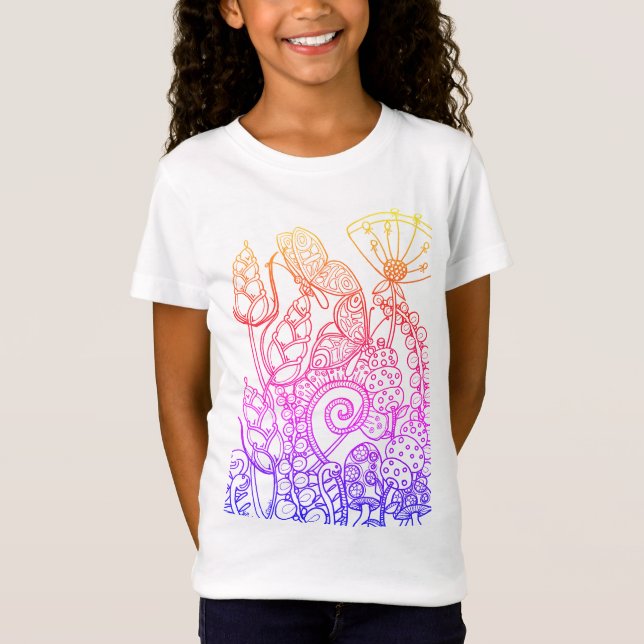 Rainbow-Fantasy-Blume mit Schmetterling T-Shirt (Vorderseite)
