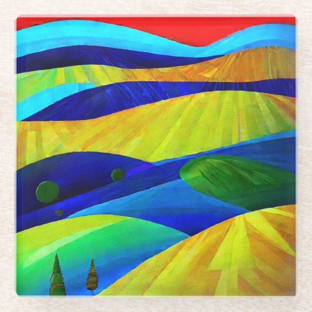 Rainbow Fantasy Hills Landschaft Glasuntersetzer (Vorderseite)