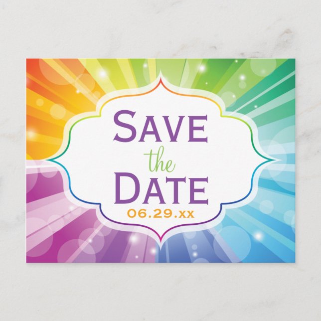 Rainbow-Farben Save the Date gestreift Postkarte (Vorderseite)