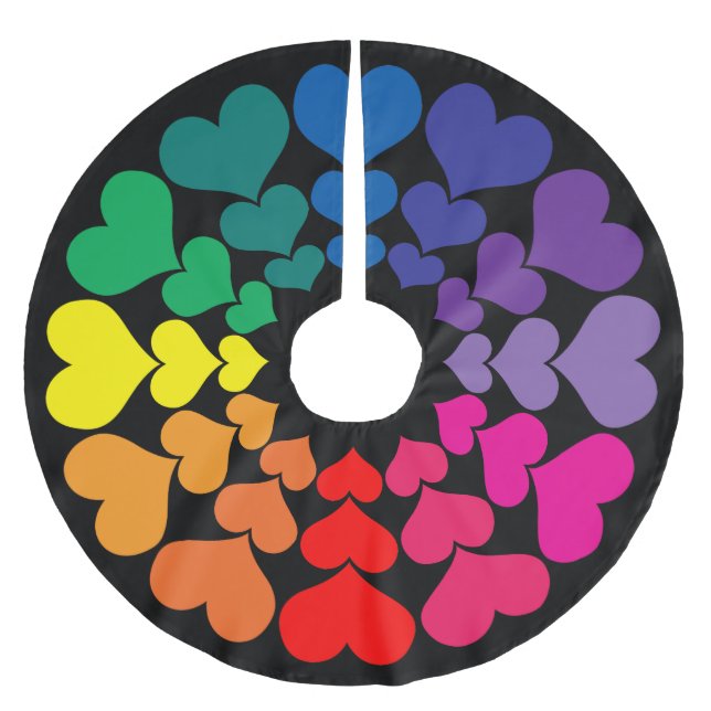 Rainbow-farbene Herzen auf schwarzem Hintergrund Polyester Weihnachtsbaumdecke (Vorderseite)