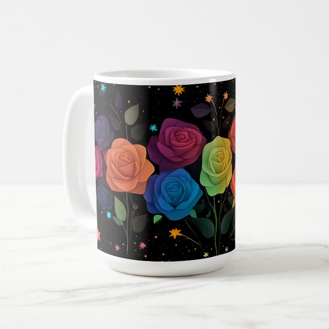 Rainbow-farbene Rose Galaxy Stars Black Whimsical Kaffeetasse (Vorderseite Links)