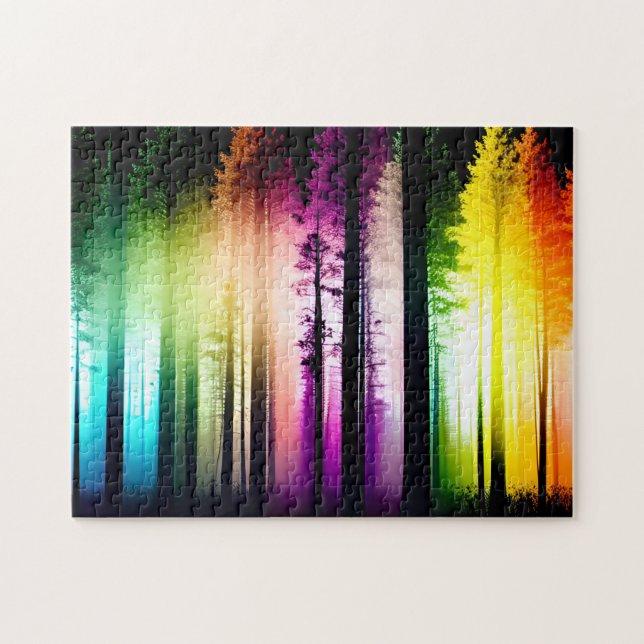Rainbow-farbener Nebel im Schwarzwald der Silhouet Puzzle (Horizontal)