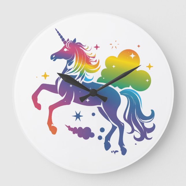Rainbow-farbenes Einhorn-Design Große Wanduhr (Vorderseite)