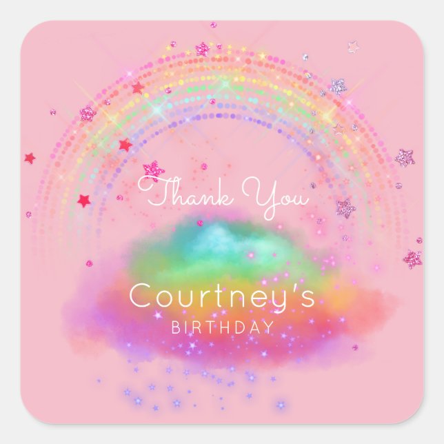Rainbow Favor Tags Glitzer Stars Birthday Pink Quadratischer Aufkleber (Vorderseite)