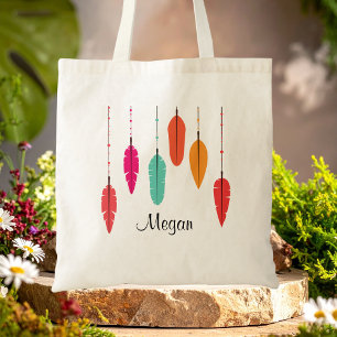 Rainbow Feather Pink & Orange Boho Mit Monogramm Tragetasche