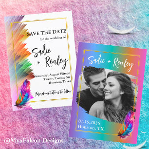 Rainbow Feather Wedding Save the Date Einladung