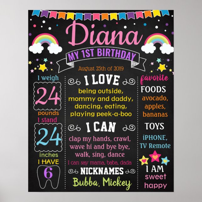 Rainbow First Birthday Party chalkboard Poster (Vorne)