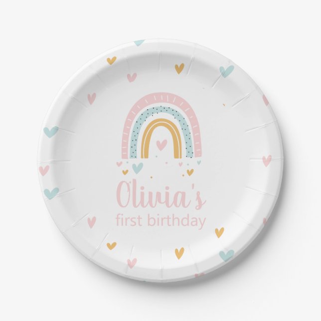 Rainbow First Birthday Party Plate Pappteller (Vorderseite)