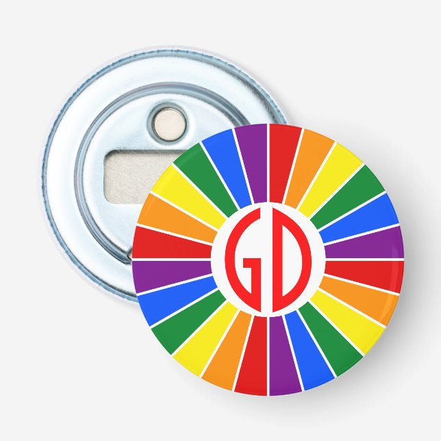 RAINBOW FLAG BUTTON RAYS + Ihr Zeichen oder Monogr Flaschenöffner (Vorderseite)