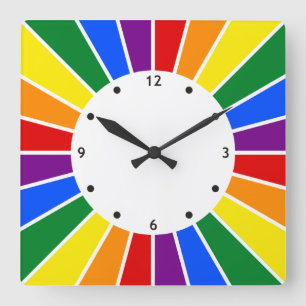 RAINBOW FLAG BUTTON RAYS + Ihr Zeichen oder Text Quadratische Wanduhr