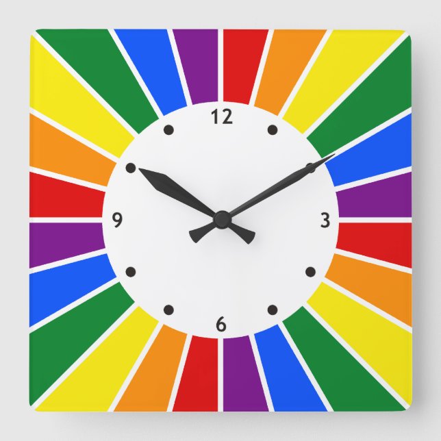 RAINBOW FLAG BUTTON RAYS + Ihr Zeichen oder Text Quadratische Wanduhr (Vorderseite)