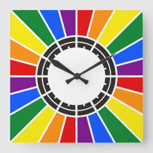 RAINBOW FLAG BUTTON RAYS + Ihr Zeichen oder Text Quadratische Wanduhr