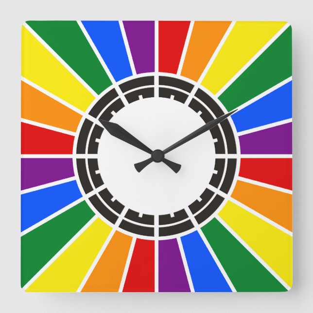 RAINBOW FLAG BUTTON RAYS + Ihr Zeichen oder Text Quadratische Wanduhr (Vorderseite)