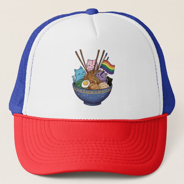 Rainbow Flag Cats Ramen Anime Gay Pride Monat LGBT Truckerkappe (Vorderseite)
