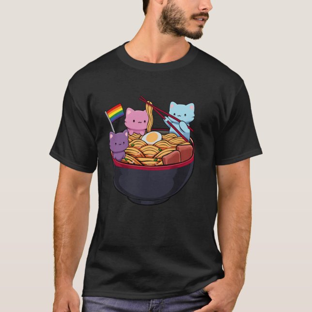 Rainbow Flag Cats Ramen Anime Gay Pride Month LGBT T-Shirt (Vorderseite)