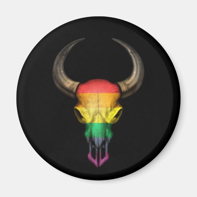 Rainbow Flag Gay Pride Bull Skull auf Black Magnet (Vorne)