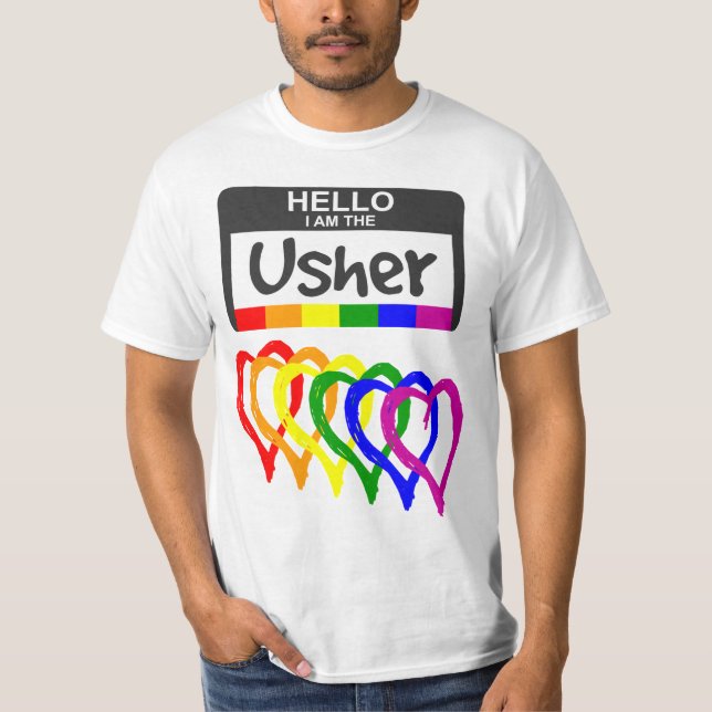 Rainbow Flag Hört Usher Name Abzeichen Hochzeit T-Shirt (Vorderseite)