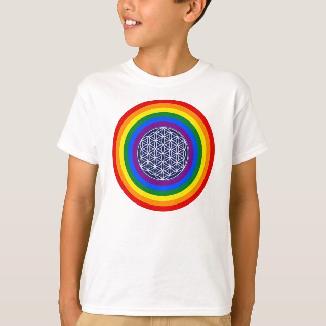 RAINBOW FLAG SCHALTFLÄCHE + BLUME DES LEBENS T-Shirt (Vorderseite)