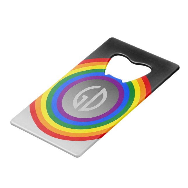 RAINBOW FLAG-TASTE + Ihr Zeichen oder Text Geldkarten Flaschenöffner (Vorderseite Schrägansicht)