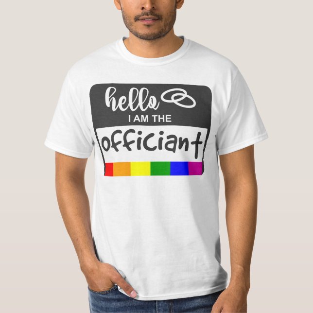 Rainbow Flag Wedding Hello Name Abzeichen Offizier T-Shirt (Vorderseite)