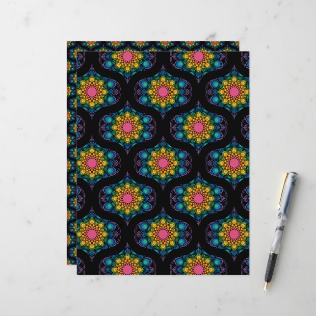 Rainbow Floral Fountain Mandala 1970s Retro Ogee (Vorderseite/Rückseite Beispiel)