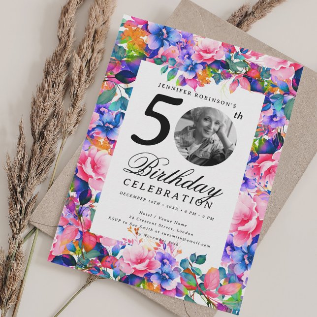Rainbow Floral Garden Photo 50th Birthday Party Einladung (Rainbow Floral Garden Photo 50th Birthday Party Invitation)