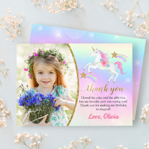 Rainbow Floral Magical Unicorn Girl Birthday Foto Dankeskarte