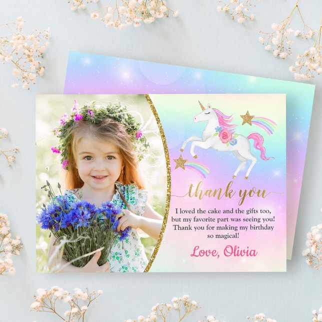 Rainbow Floral Magical Unicorn Girl Birthday Foto Dankeskarte (Von Creator hochgeladen)