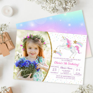 Rainbow Floral Magical Unicorn Girl Birthday Foto Einladung