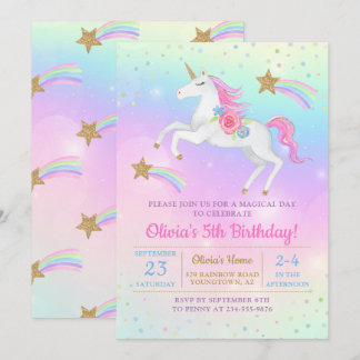 Rainbow Floral Magical Unicorn Girls Birthday Einladung