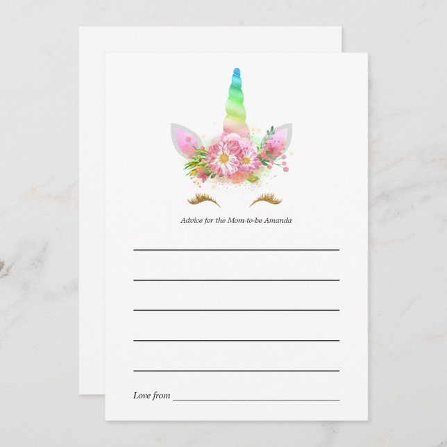 Rainbow Floral Unicorn Baby Shower Card Hinweiskarte (Vorne/Hinten)
