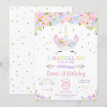 Rainbow Floral Unicorn Birthday Invitation Pastel
