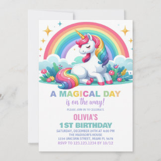 Rainbow Floral Unicorn zum Geburtstag Einladungen