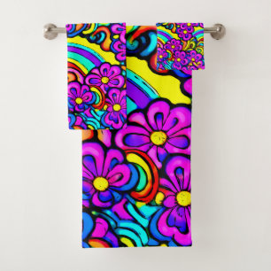 Rainbow Flower Garden Blumengarten Cartoon Lila Badhandtuch Set